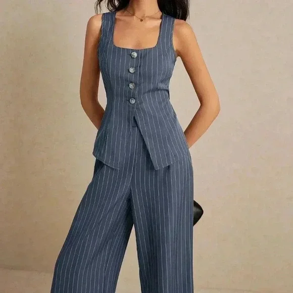 Gray Casual Women's Summer Old Money Striped Tank Top And Pants Set - Picture 5 of 8